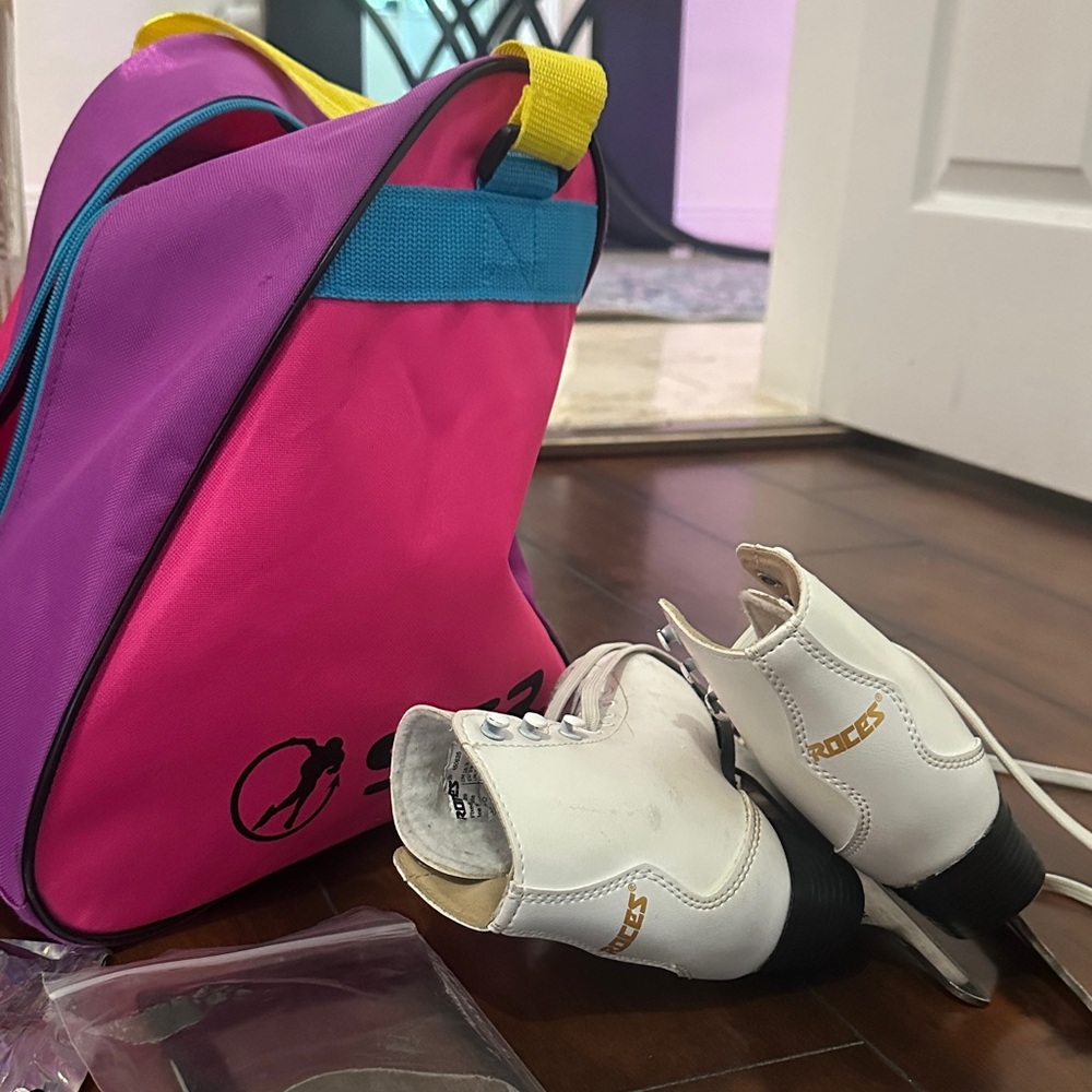 Kids White Ice Skates with Pink Carry Bag - Youth Figure Skates